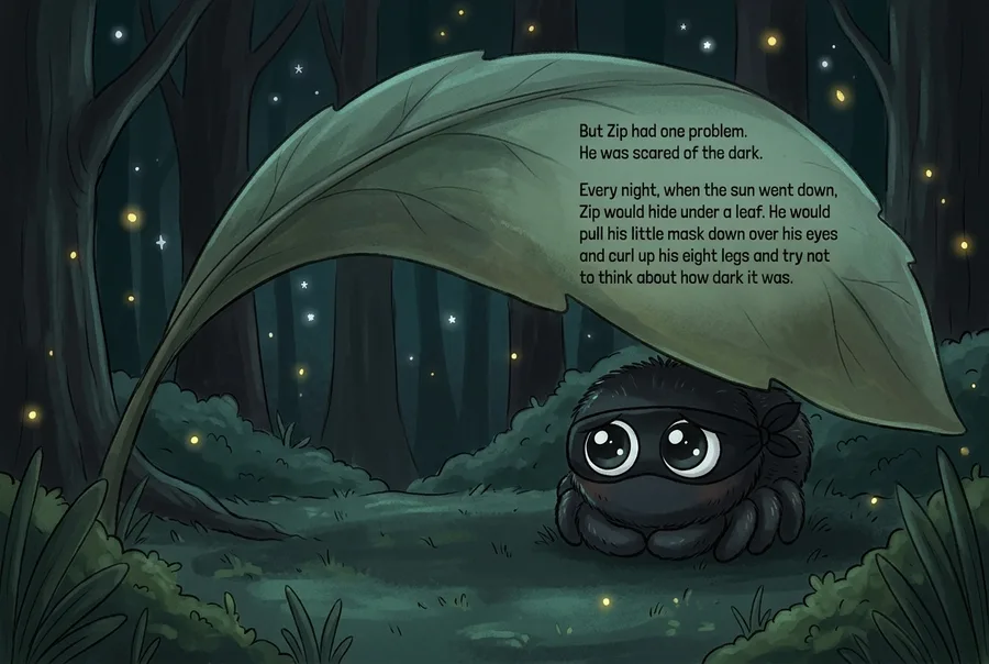A page from a generated book: a little spider under a leaf in a firefly-lit forest