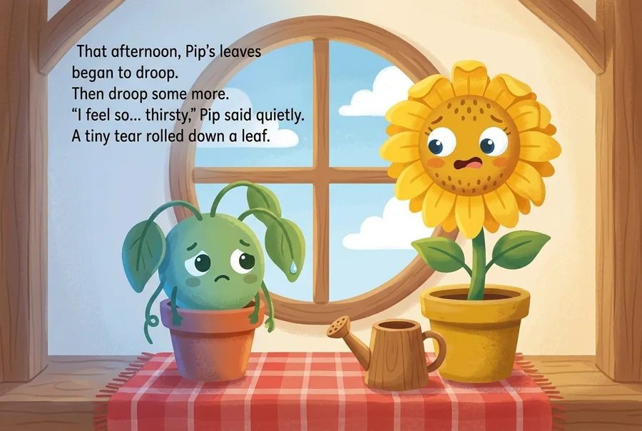 An interior page: Pip the plant drooping sadly while Sunny the sunflower watches
