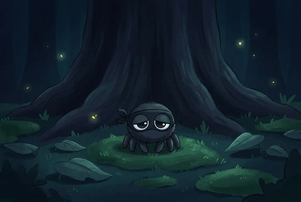 Zip sitting at the base of a huge dark tree