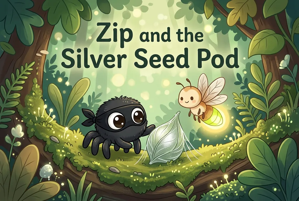 Cover of Zip and the Silver Seed Pod: a small ninja spider and a firefly in a mossy forest